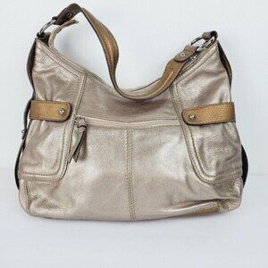 Tignanello Women's Gold Bronze Metallic Leather Shoulder Bag Sz M MUST SEE!